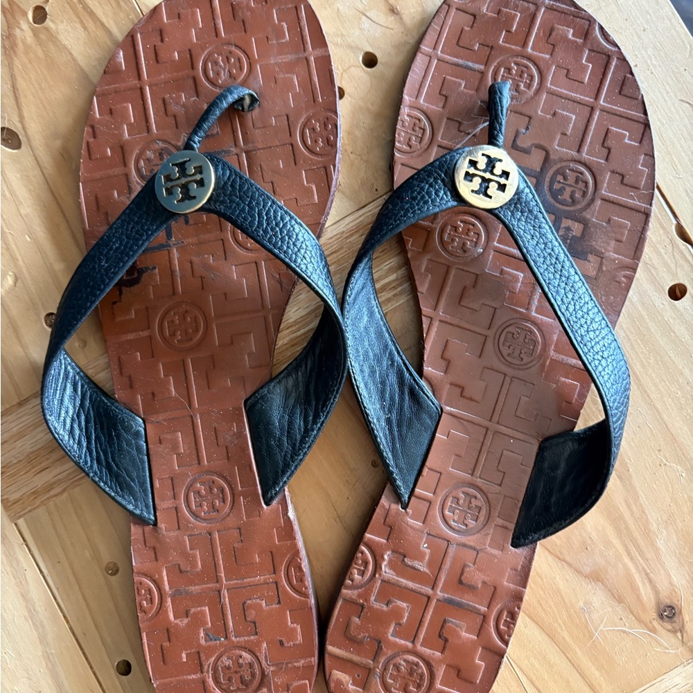 Tory Burch Black & Brown Leather Flip Flops